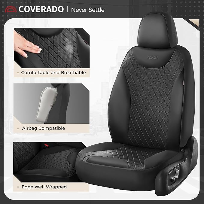 Coverado Front Seat Covers, Black Leather Car Seat Covers 2-Pack, Waterproof Car Seat Protectors, Automotive Seat Covers, Driver Seat Covers Universal Car Seat Cushions Fit for Most Sedan, SUV, Truck - Image 2