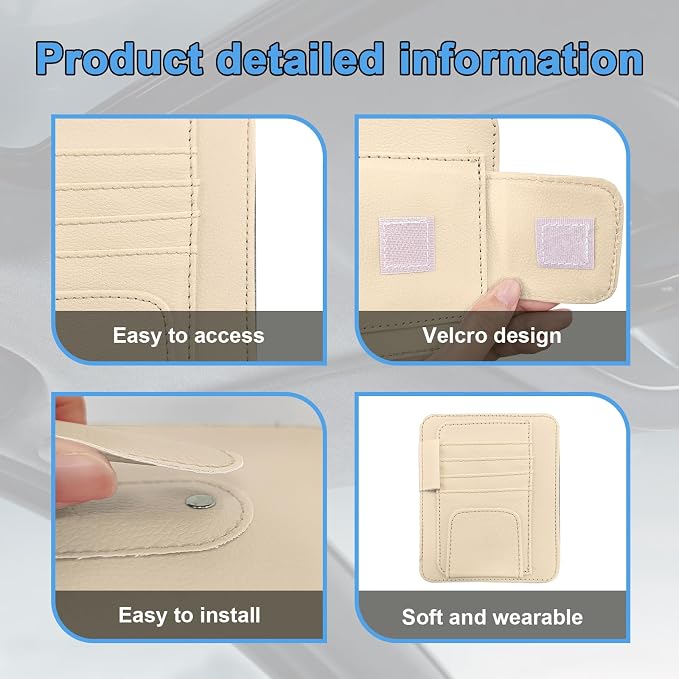 Augeny Car Sun Visor Organizer, Small Auto Visor Organizer and Storage, Registration and Document Holder, Vehicle Accessories for Sunglasses, Document, Card, Pen, Driver License (Beige) - Image 3