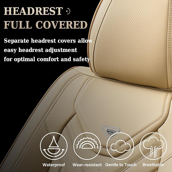 Coverado Car Seat Covers Full Set, Automotive Seat Covers Car Seat Protector Car Seat Cushion, Waterproof Leather Seat Covers for Cars, Universal Fit for Most Sedans SUV Pick-up Truck(Beige) - Image 6
