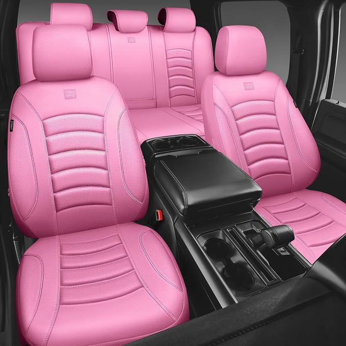 CAR PASS 3D Foam PU Leather Car Seat Covers, Universal Seat Covers Full Sets for Trucks SUV Sedan Automotive Seat Covers Armrest Airbag Compatible Waterproof Comfortable Faux Nappa Leather All Pink - Image 2