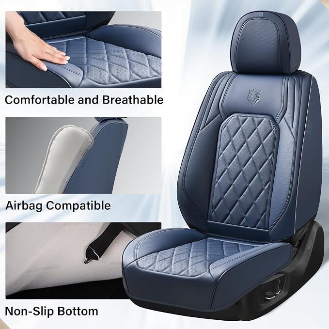 Coverado Car Seat Covers Full Set, Luxury Faux Leather Seat Covers for Cars, Waterproof Car Seat Protector, Blue Car Seat Cover, Universal Automotive Seat Covers Fit for Most Sedan SUV Trucks - Image 4