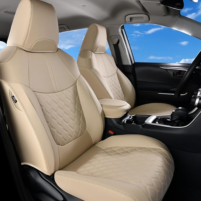Huidasource Custom Fit RAV4 (Gas Only) Car Seat Covers Full Set, Waterproof Faux Leather for 2019-2024 Toyota RAV4 LE/XLE & XLE Premium/Limited (Does Not Fit Adventure and TRD Off-Road, Beige) by Huidasource