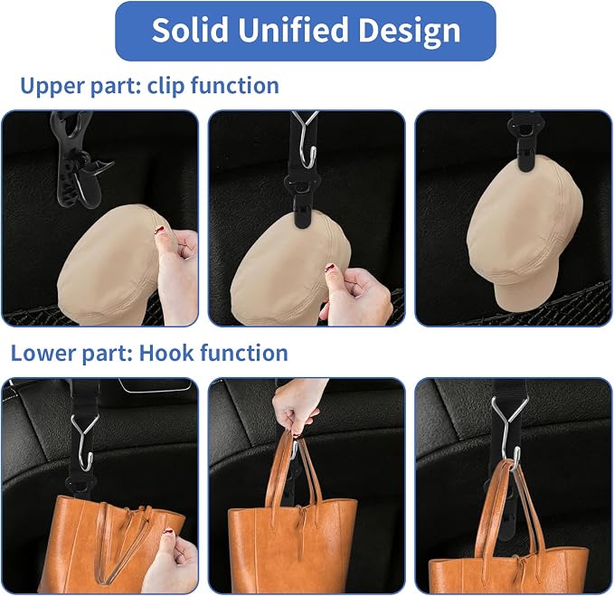 Headrest Hooks for Car, 2-in-1 Backseat Organizer with Bag Hook & Hat Clip, Extendable Universal Vehicle Storage Hanger Car Gifts for Purse, Grocery, Shopping Bag, Cap (4 Pack) - Image 6