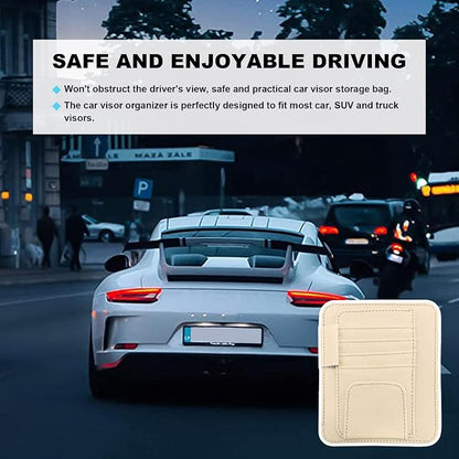 Dickno Small Leather Car Sun Visor Organizer, Multifunctional Auto Visor Document Holder with Sunglasses Clip, Universal Car Interior Organizer for Drving License, Card, Pen (Beige) - Image 6