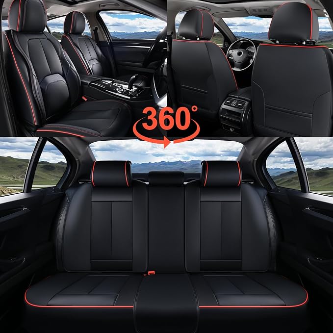 Coverado Car Seat Covers Full Set, Premium Nappa Leather Seat Covers for Car, Waterproof Car Seat Protector with Lumbar Support, Car Seat Cover Universal Fit for Most Cars SUV Truck(Black&Red) - Image 6