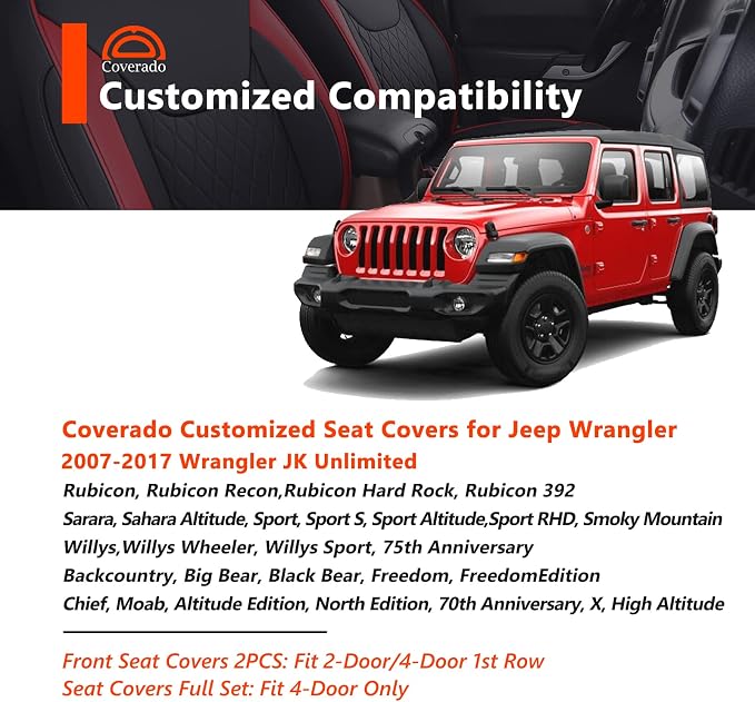 Coverado Seat Covers 4-Door Fullset for Jeep Wrangler, Waterproof Car Seat Covers for Truck Automotive Seat Covers Custom Fit for 2007-2017 Jeep Wrangler JK（Black） - Image 2