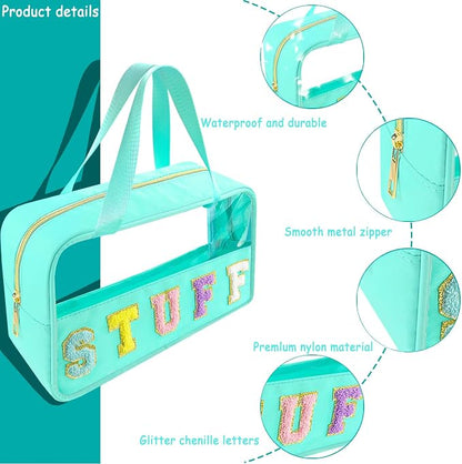 Chenille Letter Clear Makeup Bag Stuff Patch, Travel Toiletry Makeup Bag with Handle, Nylon Waterproof Makeup Bags clear cosmetic bag, preppy patch makeup bag for Women (STUFF-Mint Green) - Image 3