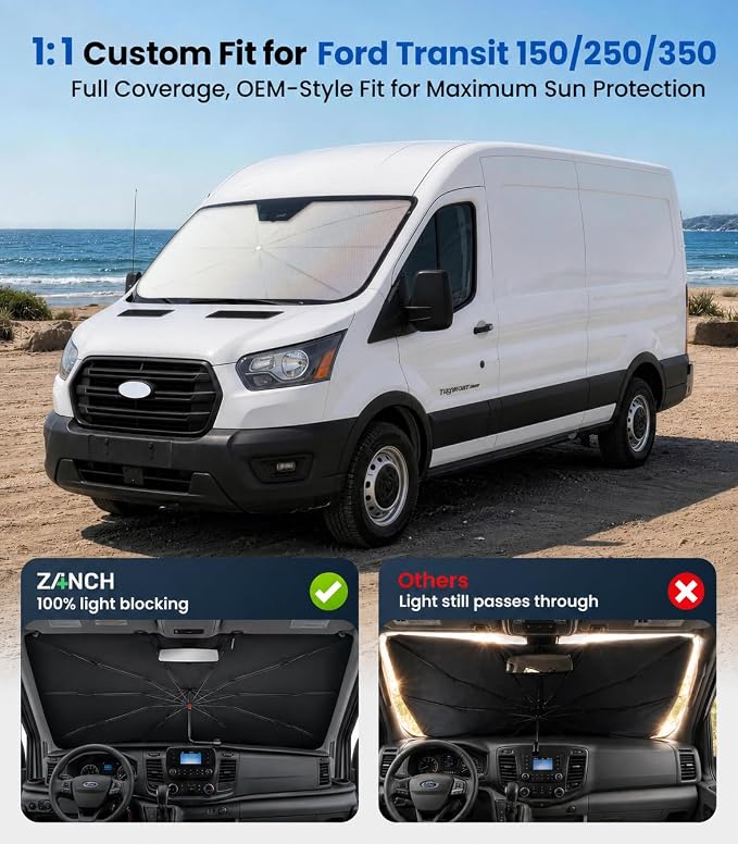Zanch Windshield Sun Shade Umbrella for Ford Transit 150/250/350 2015-2026 | [99% UV Protection, Up to 75℉ Cooler] Reflective Heat Shield, Custom Fit, Built to Last, Foldable Front Sunshade Umbrella - Image 4