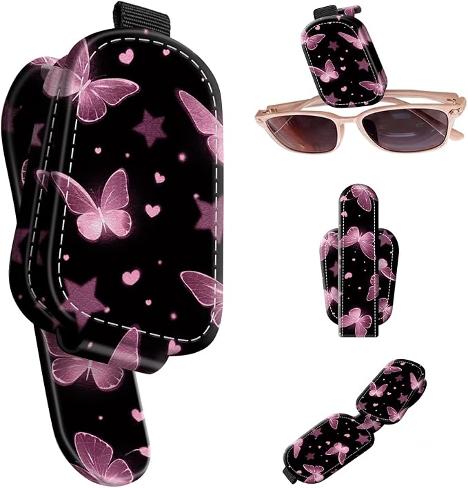 Sunglasses Holder for Car Visor, PU Leather Glasses Clip Organizer, Cute Magnetic Eyeglass Holder for Vehicle Sun Visor, Car Interior Accessory for Women & Men, Butterfly Night by Unknown