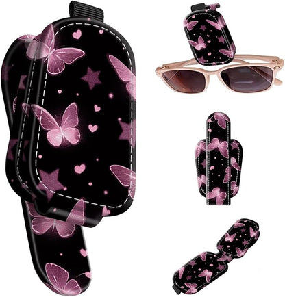 Sunglasses Holder for Car Visor, PU Leather Glasses Clip Organizer, Cute Magnetic Eyeglass Holder for Vehicle Sun Visor, Car Interior Accessory for Women & Men, Butterfly Night by Unknown
