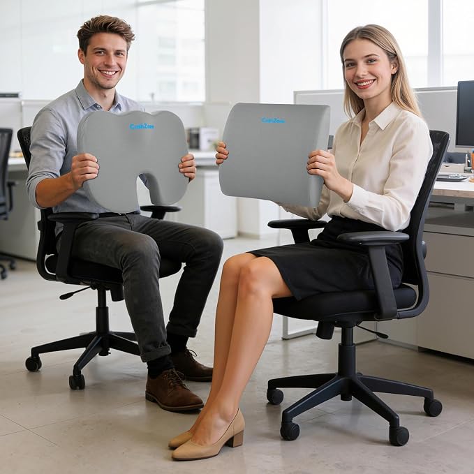 CushZone Seat Cushion and Lumbar Support Pillow for Office Chair Light Grey | Ergonomic Memory Foam for Sciatica Pain Relief & Posture Correction, Non-Slip Chair Cushions for Car, Wheelchair and Travel - Image 7