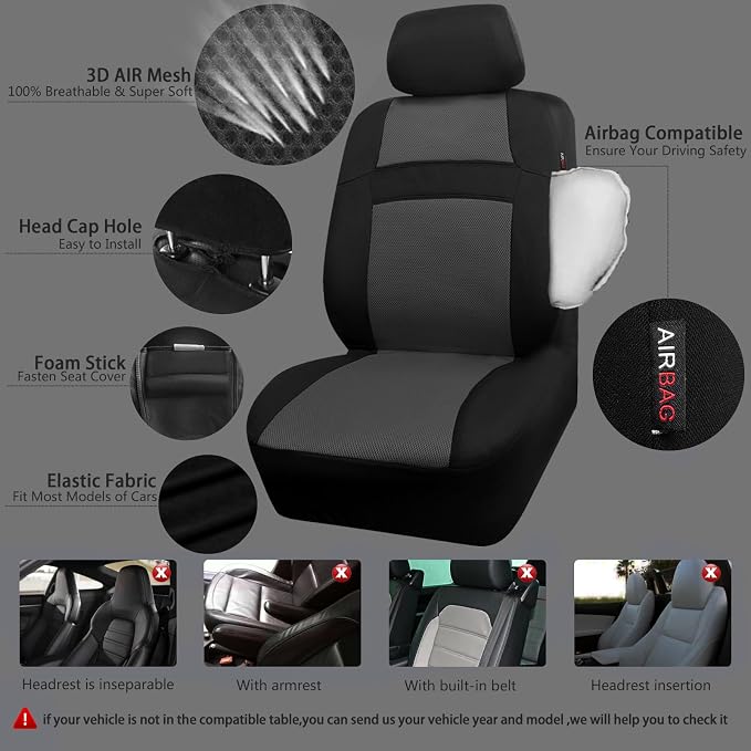 CAR PASS 3D Air Mesh Car Seat Covers Full Sets w/5mm Sponge, 4Pcs Waterproof Car Floor Mats, Steering Wheel Cover Universal Fit for SUV Sedan Truck, Airbag Compatible Automotive Interior(Black Gray) - Image 2