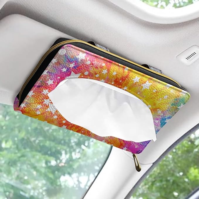 Biyejit Car Tissue Holder, Tie Dye Stars Premium Sun Visor Napkin Case, Hanging Car Accessories Used to Organize Paper Towels and Storage Small Items - Image 2