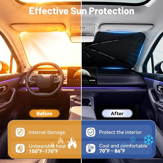 Foldable Car Windshield Sun Shade Umbrella with Rearview Mirror Notch, Titanium Silver UV Blocker for Heat Reduction, Bendable Handle & Anti-Scratch Tips, Fits Sedan SUV (Large 57"x33") - Image 4