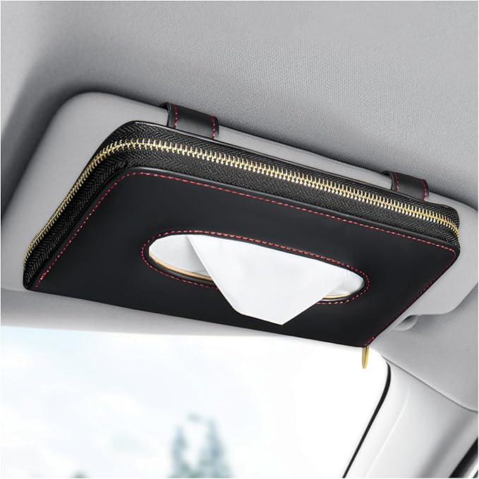 Car Tissue Box, Leather Auto Sun Visor Napkin Case Tissue Case Holder with Zipper, Sunvisor Paper Towel Storage Box Napkin Organizer for Most Vehicles, Car Accessories (Black) by Unknown