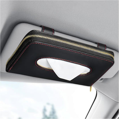 Car Tissue Box, Leather Auto Sun Visor Napkin Case Tissue Case Holder with Zipper, Sunvisor Paper Towel Storage Box Napkin Organizer for Most Vehicles, Car Accessories (Black) by Unknown