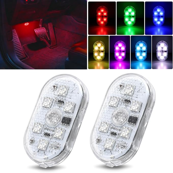 Nilight 2 PCS 7 Colors Wireless Magnetic RGB LED Interior Lights | USB Rechargeable Universal Mini Sticky Footwell Ambient Atmosphere Reading Lamp with Touch Sensor, Portable Night Lighting by Nilight