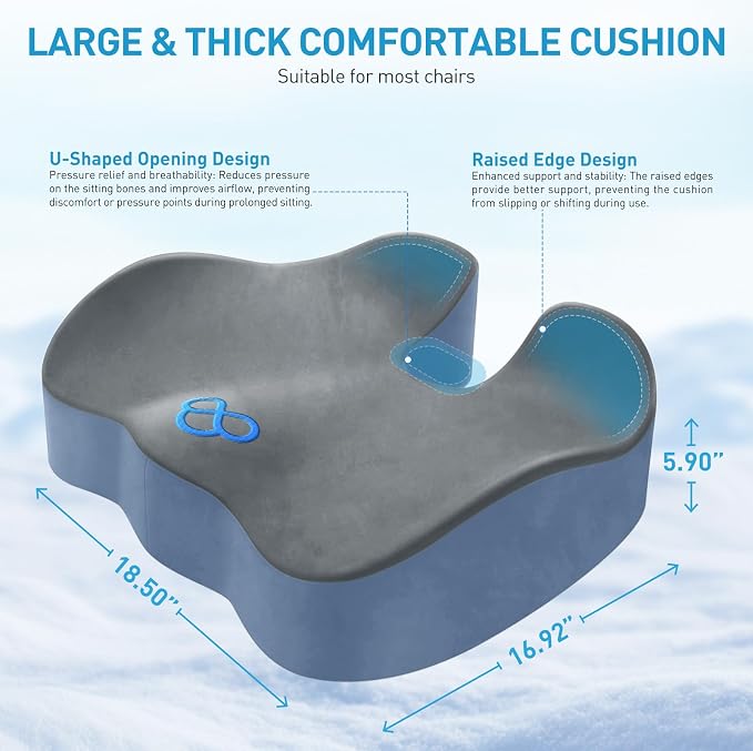 BlissTrends Extra Thick Seat Cushion for Office Chair & Car Seat, Grey&Blue | XX-Large Tailbone & Sciatica Relief, Ergonomic Support, High-Density Memory Foam, Comfort for Extended Sitting - Image 2