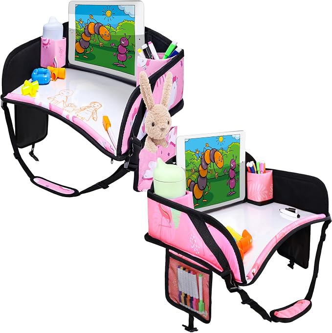 2PCS Kids Travel Tray, Toddler Road Trip Essentials With Drawing Kit | Dry Erase Board, iPad Holder Stand, Adjustable Straps to Prevent Shaking, Multi-Pockets, Portable by WENRENER