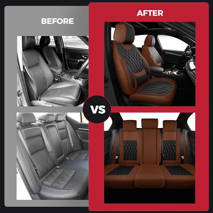 FREESOO Car Seat Covers Full Set Faux Leather Universal Fit Brown Black | faux nappa leather seat covers, waterproof breathable, full set lumbar support, front rear covers, fit sedans suvs pickups - Image 9