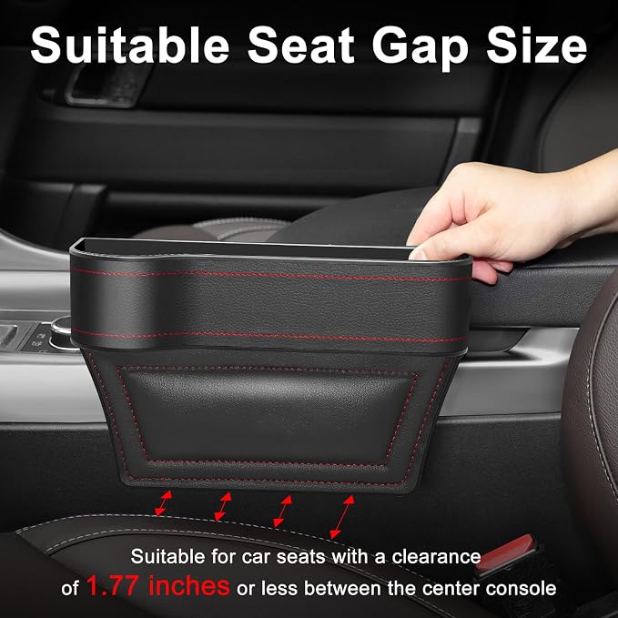 Car Seat Gap Filler Organizer, 2 Pack Car Console Organizer with Cup Holder | Premium Leather, Anti-Drop, Car Organizer Front Seat with 2 Seat Hooks, Auto Console Side Storage Box For Drink, Phones, Keys - Image 3