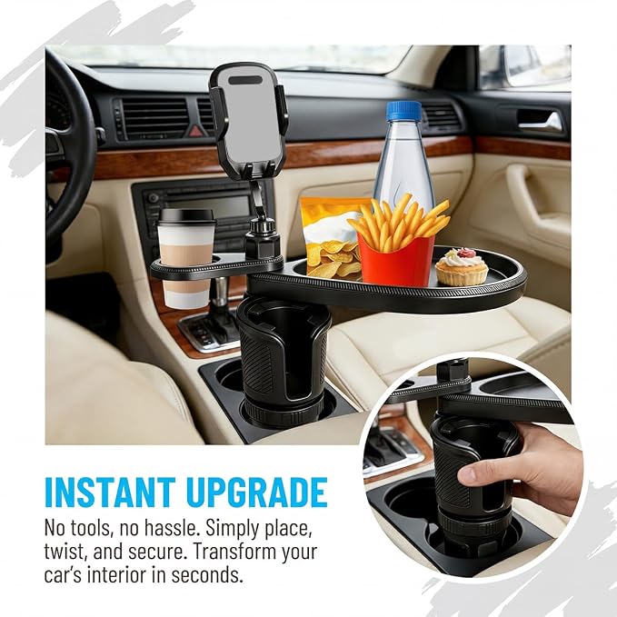 Car Cup Holder Tray, 4-in-1 Vehicle Drink Holder Expander Adapter with Phone Holder & Food Tray Table, Auto Center Console Cupholder Eating Table Organizer for Road Trip, Universal Fit (Gray) - Image 5