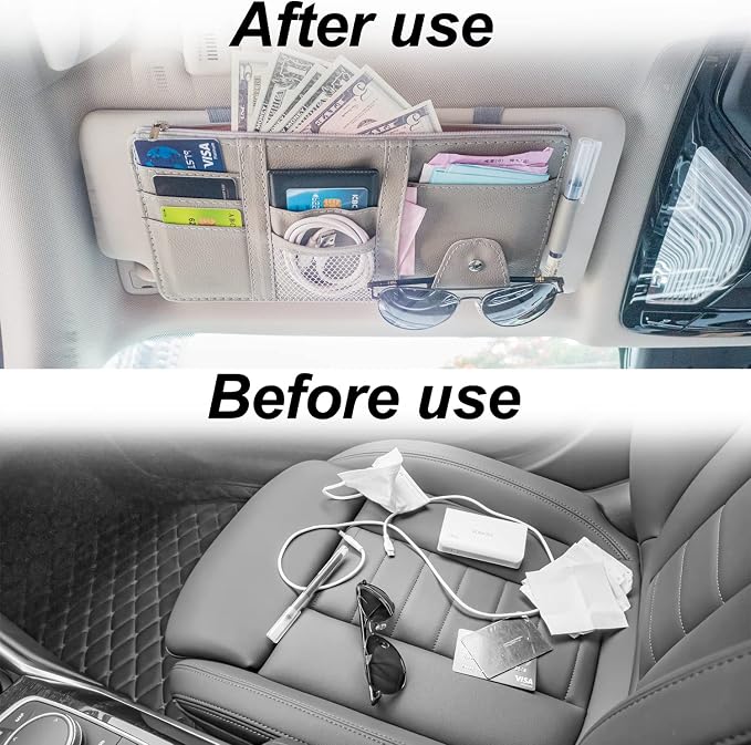 Keedolla 2Pcs Car Sun Visor Organizer with Zipper Pocket, Car Truck Visor Storage Pouch Holder Travel Auto Document Holder for Mobile Phone, Sunglasses, Card - Gray - Image 8