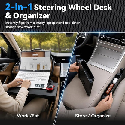XOOL 2-in-1 Car Steering Wheel Tray & Car Seat Gap Filler Organizer, Foldable Adjustable Car Desk for Laptop, Eating Food, Writing, Steering Wheel Desk Tray for Cars, SUVs & Trucks - Image 2
