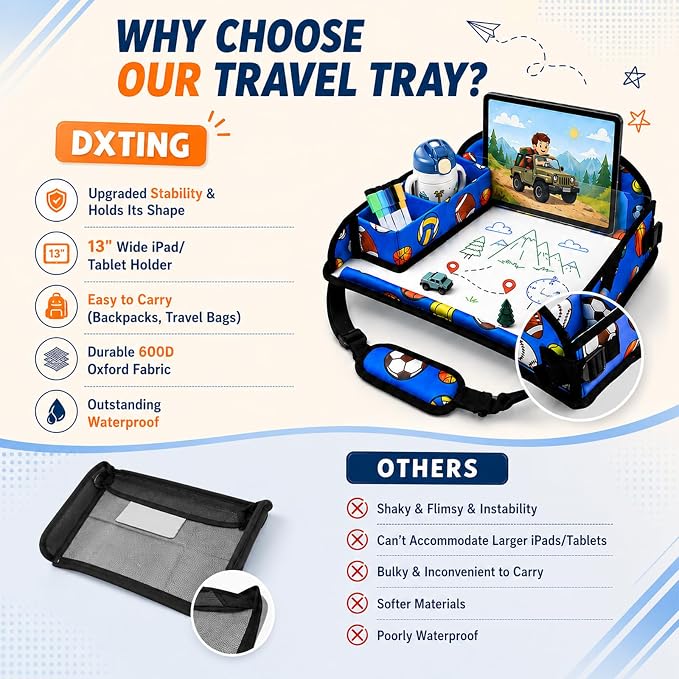 Kids Travel Tray for Car Seat, Toddler Car Seat Activity Tray, Kids Carseat Lap Table, Road Trip Essentials for Airplane, Lap Desk for Kid Roadtrip Activities, Sports Balls - Image 4