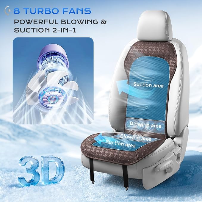 Coverado Summer Ventilated Car Seat Cushion, 12V-24V Dual Blowing & Suction Cooling Pad with 8 Turbo Fans, 3-Speed Adjustable, Universal Fit for Cars, SUVs, Trucks & Vans - Brown - Image 2