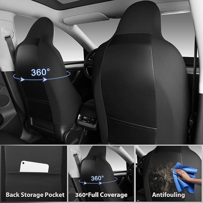 CAR PASS Nappa Leather High Back Front Seat Covers, Tesla Model 3 Model Y Breathable Faux Leather Front Bucket Seat Covers, Anti-Slip Airbag Compatible Universal Fit for Sedan SUV Van Truck, Black - Image 2
