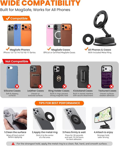 Vacuum Car Phone Holder for MagSafe, No-Glue Suction Cup Mount with Dashboard Pad, Reinforced Zinc Alloy Hinge, 360° Rotatable Foldable Cell Phone Holder for iPhone 17 16 15 14 13 12 Series - Image 7