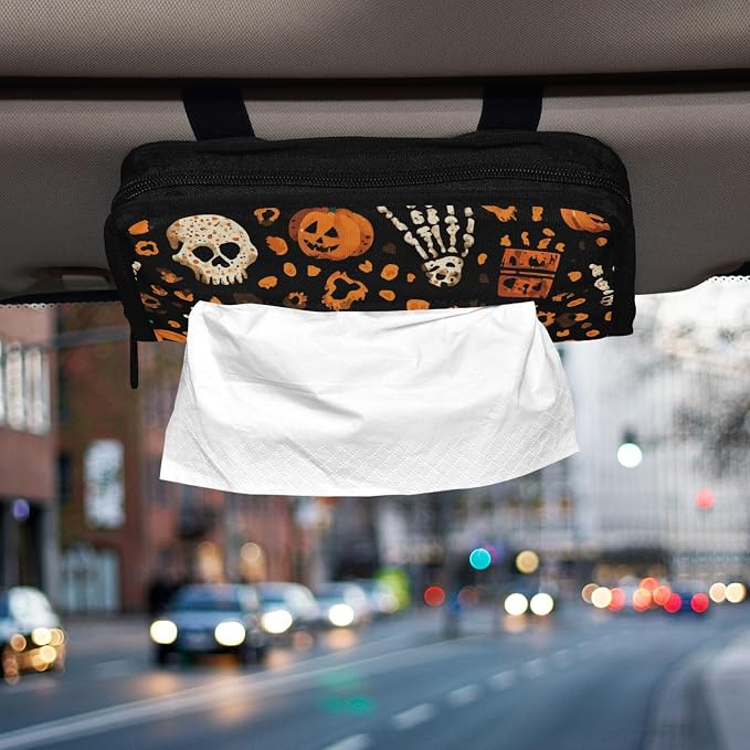 Car Tissue Holder Car Napkin Holder Car Tissue Box Dispenser Storage Case Sun Visor Mask Holder with Adjustable Straps Reusable Refillable Halloween Leopard Pumpkin Skull Brown - Image 6