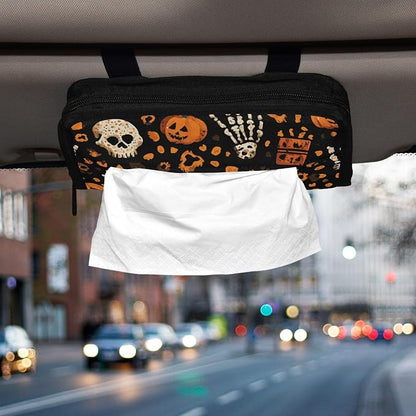 Car Tissue Holder Car Napkin Holder Car Tissue Box Dispenser Storage Case Sun Visor Mask Holder with Adjustable Straps Reusable Refillable Halloween Leopard Pumpkin Skull Brown - Image 6