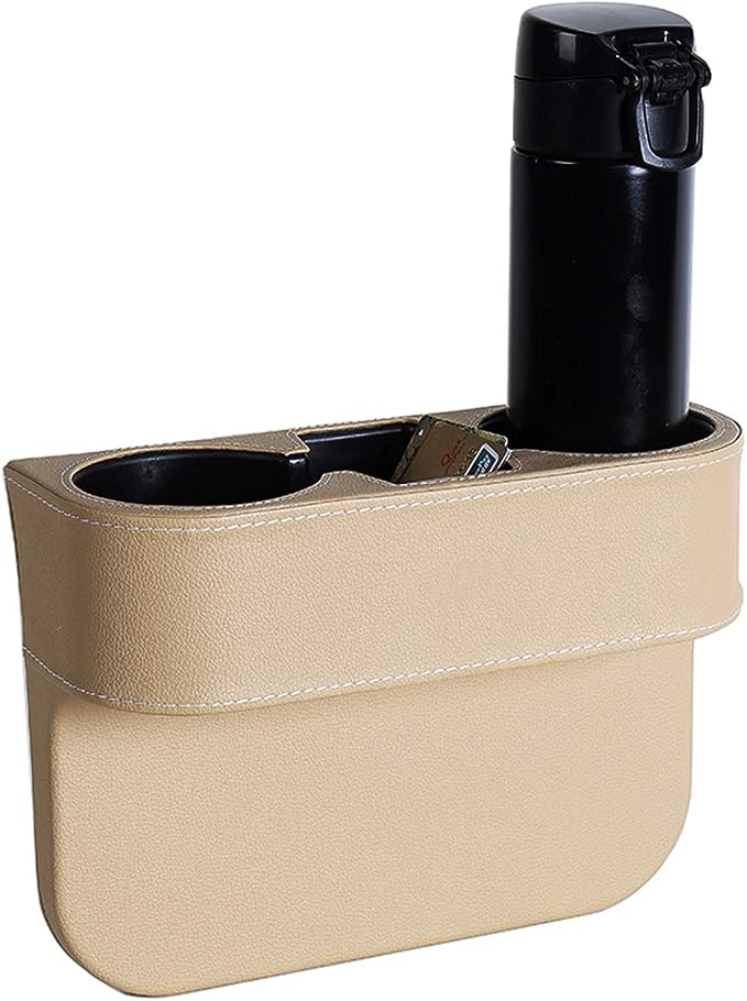 Car Cup Holder, Car Seat Gap Filler Organizer, PU Leather, Beige | Front Seat Organizer, Console Side Pocket, Cell Phone Holder, Coin Bucket, Car Storage Box, Universal Fits, Easy Installation by IOKSCTER
