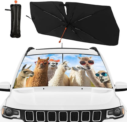 Llama Alpaca Car Windshield Sun Shade Umbrella Bendable Handle Foldable Funny Sunshade for Car Windshield Block UV Rays Keep Vehicle Cool for Most Sedans SUV Trucks Cars 57"x30" - Image 2