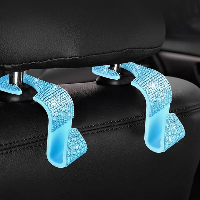 Zpana 4PCS Bling Car Seat Headrest Hooks, Crystal Rhinestones, Light Blue | Vehicle Back Seat Purse Handbag Hanging Holder, Crystal Diamond Design for Girls, Storage Organizer Hook, Universal Fit - Image 6