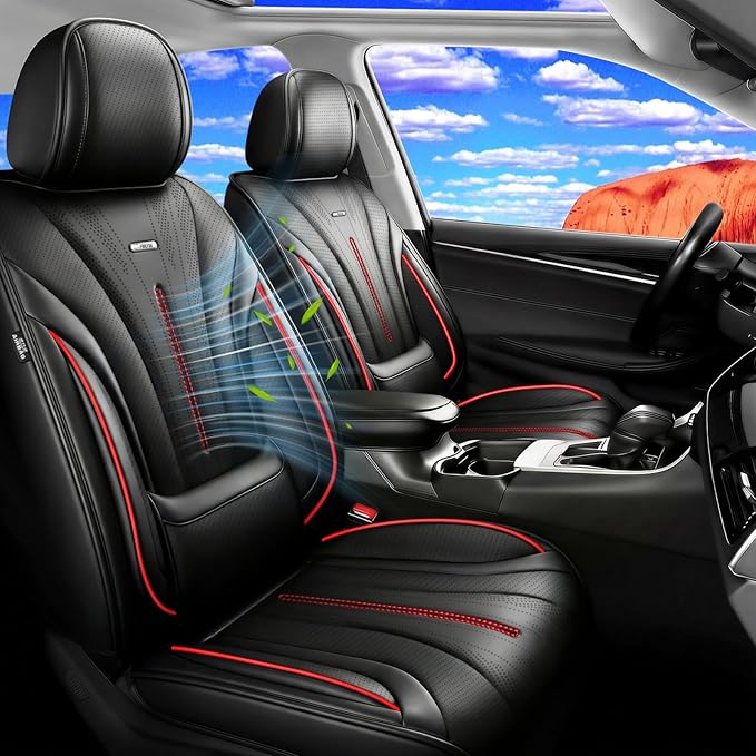 Fit Kona Seat Covers Custom Fit for Hyundai Kona 2018-2026, Full Set | Premium Leather Full Coverage Protectors, Waterproof, Breathable, Scratch Resistant, Easy Wipe, Airbag Compatible, RedTrim by FiveFox
