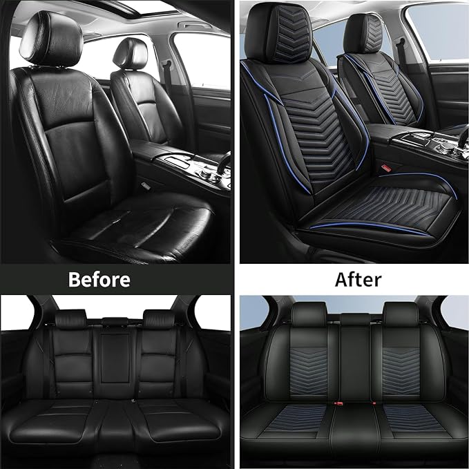 HChengkikz Car Seat Cover, Waterproof Faux Leather (Black + Blueline) | Easy Maintenance, Airbag Compatible, Universal Fit For Most SUVs Trucks Pick-ups Sedans - Image 8
