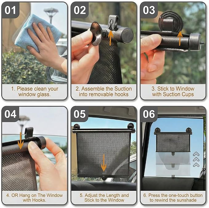 Car Side Window Shades, 2 Pack Retractable Roller Sun Shades, 16 x 18 in | UV and Sun Glare Reduction, Suction and Hook Installation, Easy Roll-Up Storage, Baby Car Window Shades for Travel - Image 2