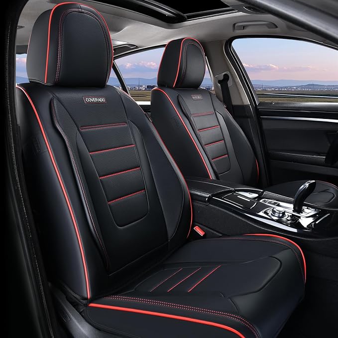 Coverado Car Seat Covers Full Set, Seat Covers for Cars, Car Seat Cover, Car Seat Protector, Nappa Leather Car Seat Cushion, Waterproof Car Seat Covers Front Seats and Back Fit for Most Cars (Redline) - Image 2