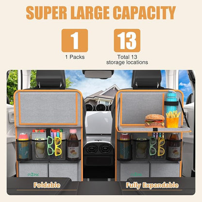 Car Backseat Organizer with Tablet Holder,11 Storage Pockets with Foldable Food Tray, Protector Kick Mats for Kids, Travel Accessories Organizer (Orange, 1Pack) - Image 2