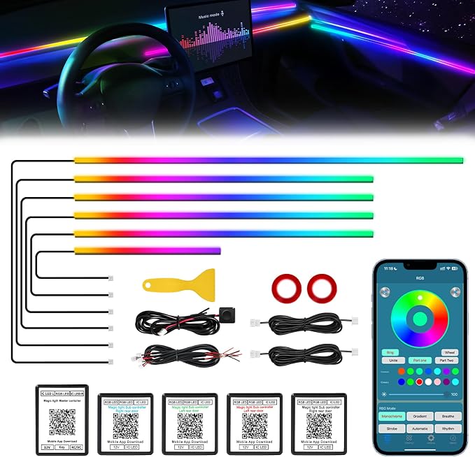 Dreamcolor Acrylic Interior Car LED Strip Light with Wireless APP, RGB 6 in 1 with 175 inches 612 LEDs Fiber Optic Car Symphony Ambient Lighting Kits, Sound Active Function LED Strip for Cars by MAODANER
