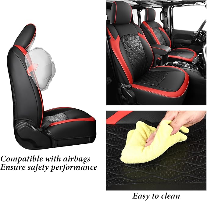 Coverado Seat Covers 4 Door for Jeep Wrangler, 2PCS Leather Car Seat Cover for Jeep Wrangler Vehicle Accessories Custom Fit for 2018-2026 Jeep Wrangler Seat Covers 2-Door/4-Door(Red) - Image 6