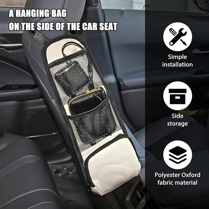 Car Seat Side Organizer, 2PCS Multi-Pocket Vehicle Front Seat Storage Hanging Bag with Mesh Net Pocket, Multifunctional Automotive Stuff Holder, Universal for SUV RV Truck (White) - Image 4