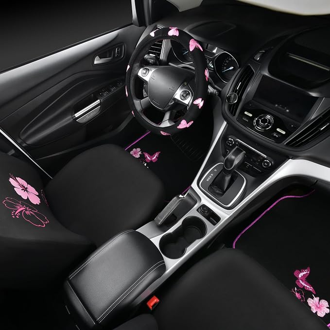 CAR PASS Universal Cloth Butterfly Car Seat Covers Full Set, Embroidered Flower Waterproof Car Floor Mats Carpet, Butterflies Steering Wheel Cover for Car Accessories Interior Sets (Black and Pink) - Image 3