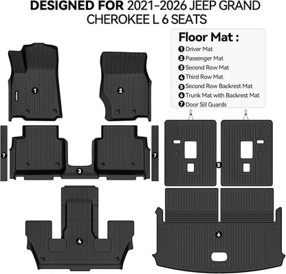 Floor Mats for Jeep Grand Cherokee L 6 Seats 2021-2025 2026 | Trunk Mat and Backrest Mat & Door Sill Guard All Weather TPE Protector Odorless Full Set Interior Accessories Floor Liners - Image 2