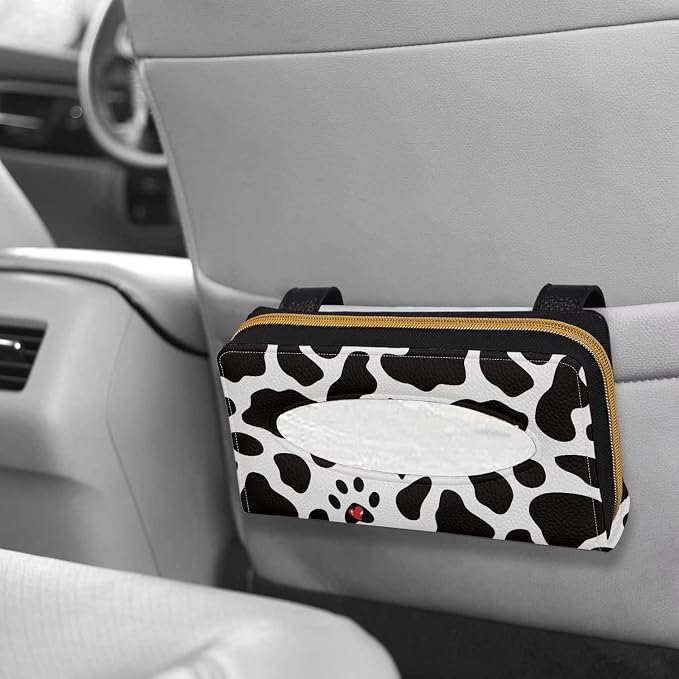 Biyejit Dog Paw Cow Print 2 Pack Car Tissue Holder, Sun Visor Napkin Holder, PU Leather Backseat Tissue Case Holder for Car Decorations - Image 6