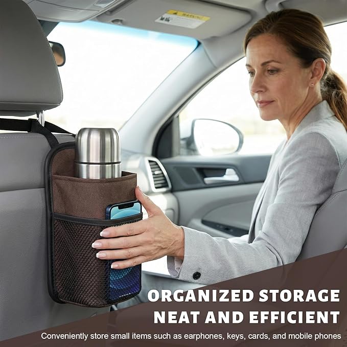 2 in 1 Large Car Cup Holder, 80 oz Multi-Function Auto Water Bottle Storage Bag with Mesh Pocket, Universal Hanging Seat Side Organizer Cup Holders for Car SUV Truck (Brown) - Image 4