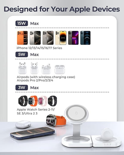 Wireless Charger for IPhone, 3-in-1 Magnetic Charging Station for Apple, MagSafe Charger Stand for IPhone 17 Air 16 15 14 13 12 Series, Airpods Pro, Apple Watch Ultra, Foldable, No Adapter, White | Compatible with iPhone 17 Air 16 15 14 13 12 Series, A... - Image 2